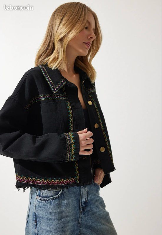 Veste fine noire broderies multicolore (image 2)