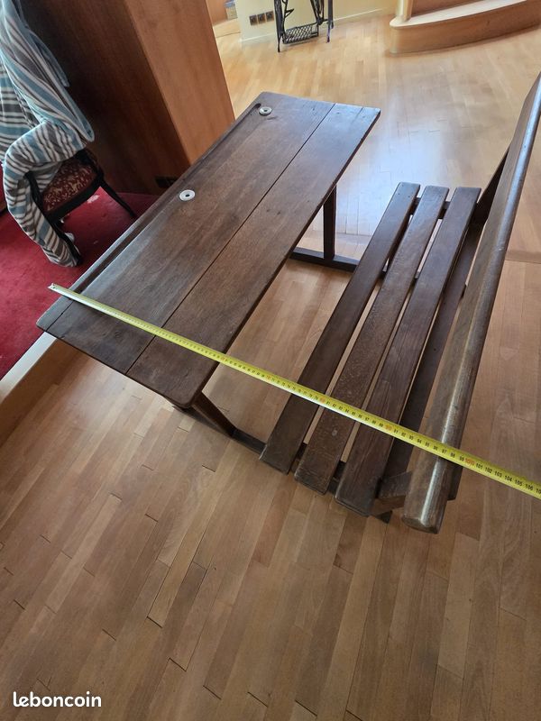 Ancien pupitre d’école en bois 2 places – Banc d’écolier vintage – Années 1950/60 (image 7)