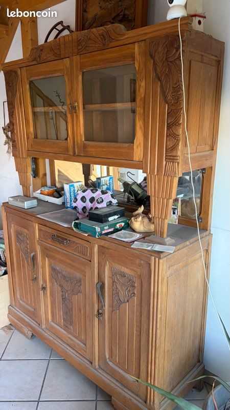 Buffet deux corps en chêne massif sculpté – Style Art Déco / années 40-50 (image 2)