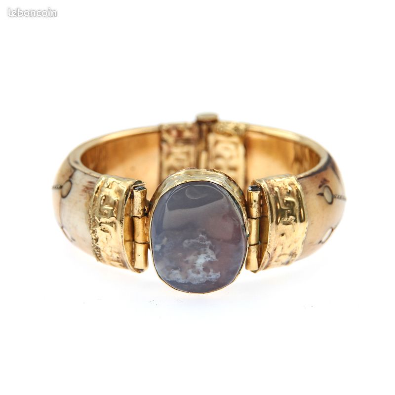 Bracelet Manchette Brutaliste Vintage En Corne, Laiton Et Améthyste Laiteuse - Longueur 17-18 Cm - Occasion