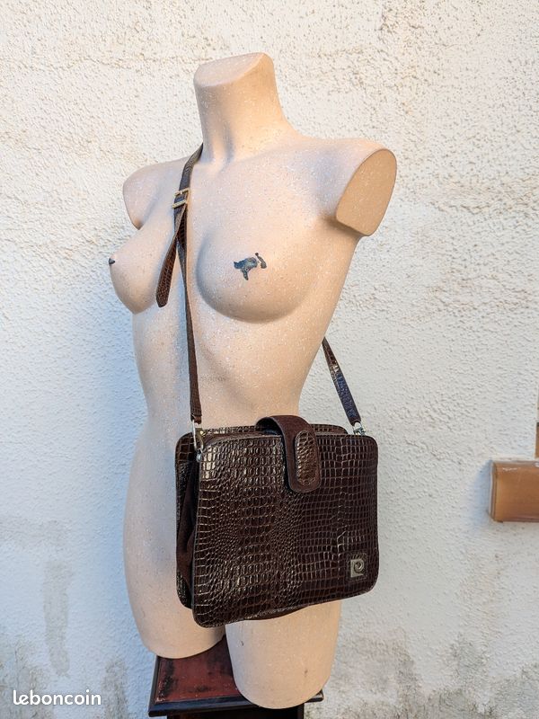 Sac vintage années 70/80 cuir verni façon croco et daim marron