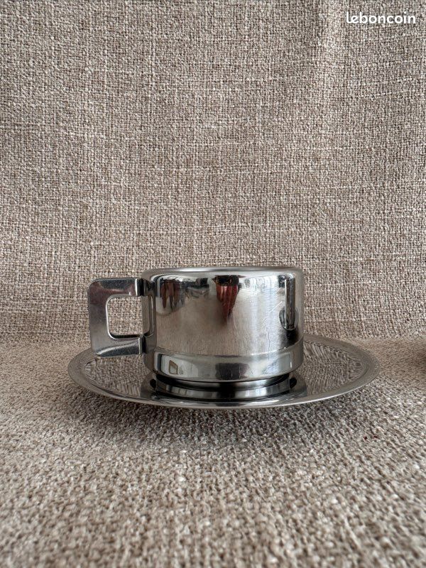 Lot de 2 tasses et sous tasses à café STO Casalinghi en inox vintage Space Age années 70 (image 5)