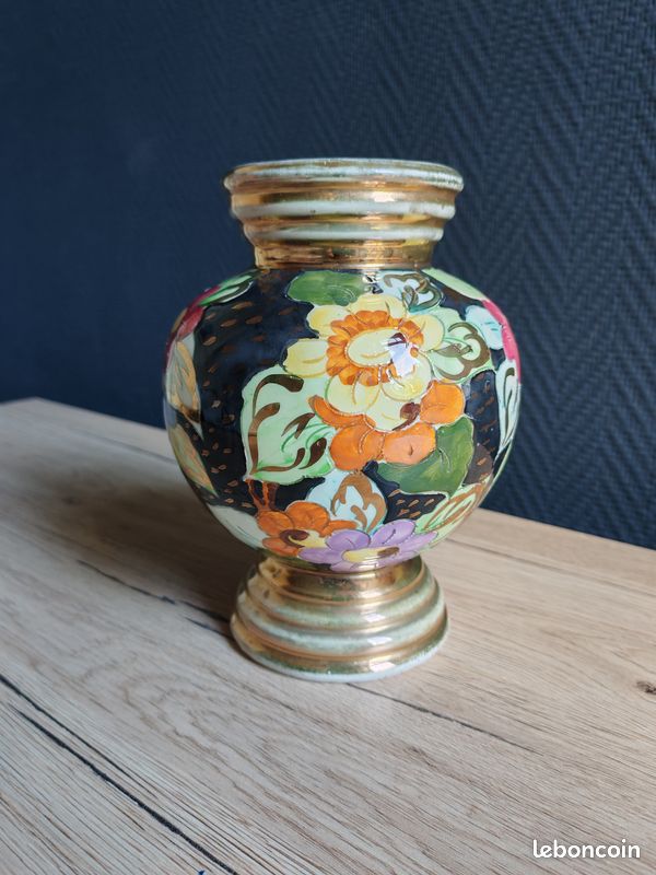 Vase Vintage Céramique Arte Veneziana, Décor Fleurs Peint Main et Dorure Or, Poterie Italienne Ancienne, Déco Shabby Chic Bohème (image 6)