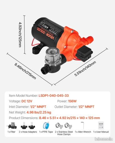Pompe à Eau à Membrane Auto-amorçante 12 V CC 15,1 L/min Pression 2,7 bar 3 Chambres, avec Pressostat, Pompe à Eau pour Camping-car, Lavage de Voitures, Bateaux, Irrigation Agricole, Jardin - Bricolage