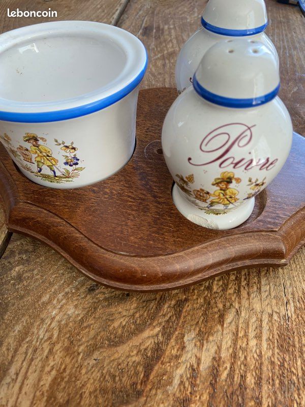 Service Sel Poivre vintage en faïence avec plateau bois décor champêtre rétro (image 3)