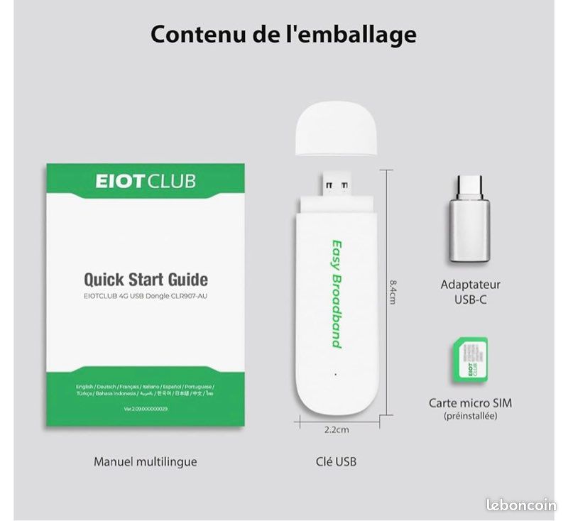 #299 Clé 4G LTE EIOTCLUB avec Wi-FI 6 (SIM Incluse), Modem Wi-FI USB A & C, 150 Mbit/s, Connexion LTE Plug & Play, Point D'accès Mobile pour PC/Tablette/Voyage/Travail, Uniquement avec SIM EIOTCLUB (image 7)