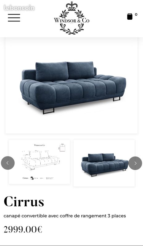 Canapé Convertible 3 Places Windsor & Co Velours Bleu (215 Cm) Avec Coffre