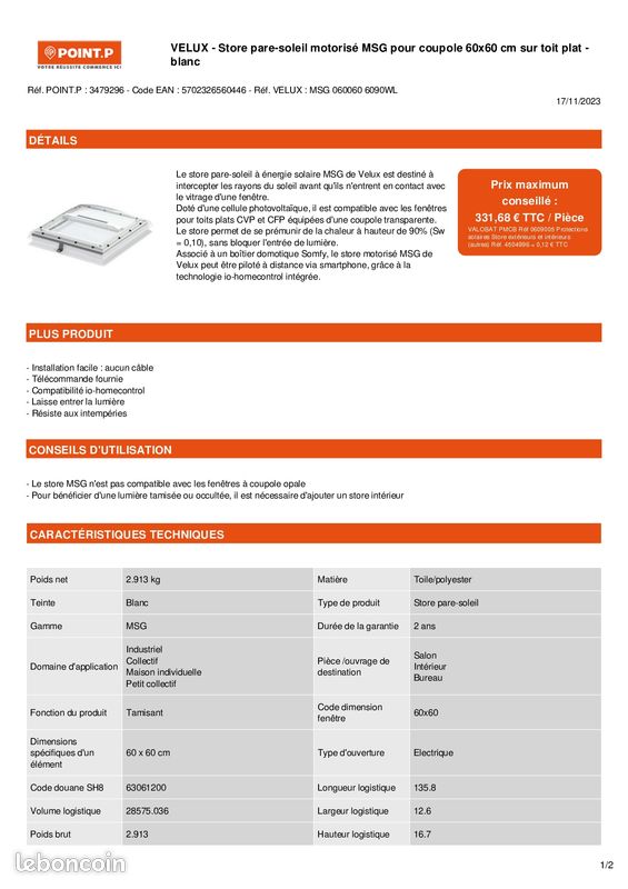 VELUX pare soleil motorisé pour fenêtre de toit plat (image 3)
