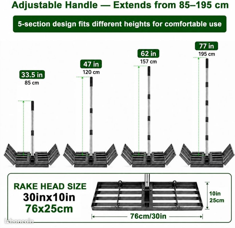 Râteau Nivellement Pelouse 76×25cm Manche Ergonomique 85 à 195 cm Tête Fer Pliable*NEUF (image 3)