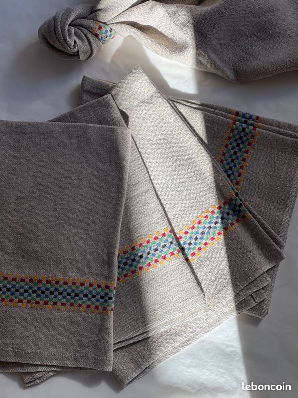 Set de 2 serviettes de table en lin lavé et coton vert sauge blanc