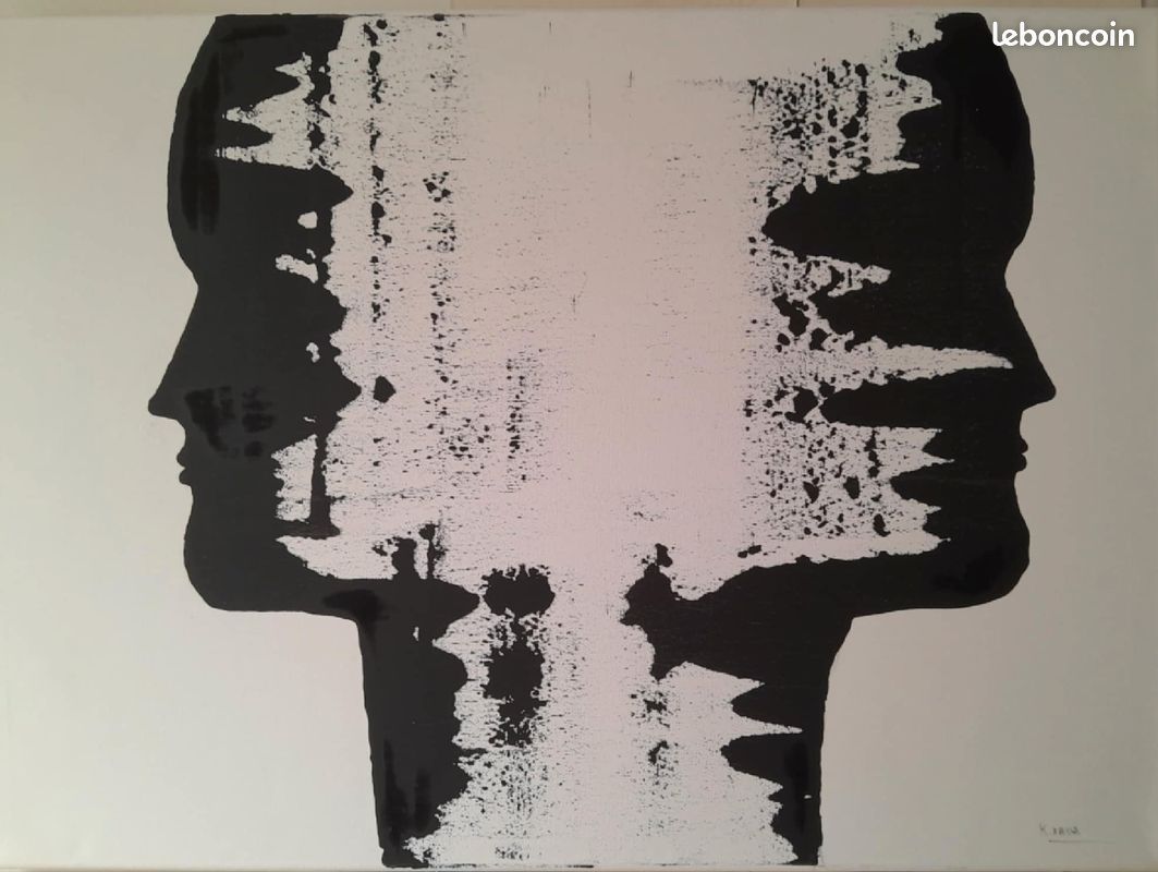 Tableau abstrait noir et blanc – visages en contraste (58x78 cm) (image 1)