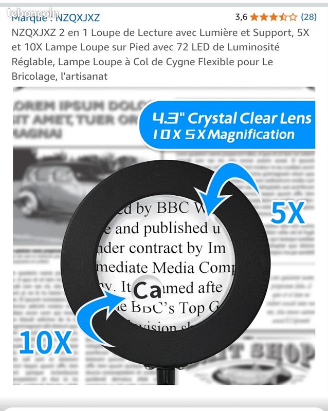 Loupe Avec Lumière NZQXJXZ - 2 En 1 (5X Et 10X) Et Support, Noir, Neuve