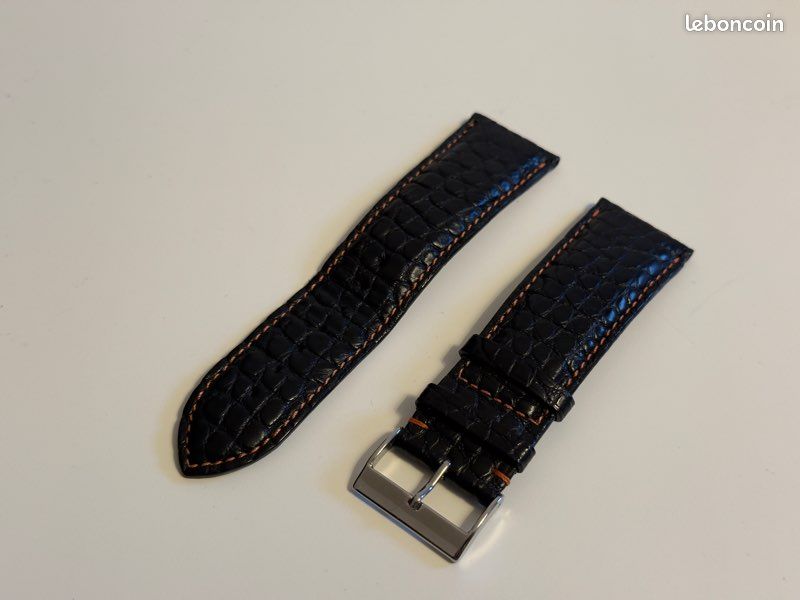 Bracelet De Montre Cuir Noir 24mm – Aspect Croco, Boucle Pré-V, Neuf Avec étiquette