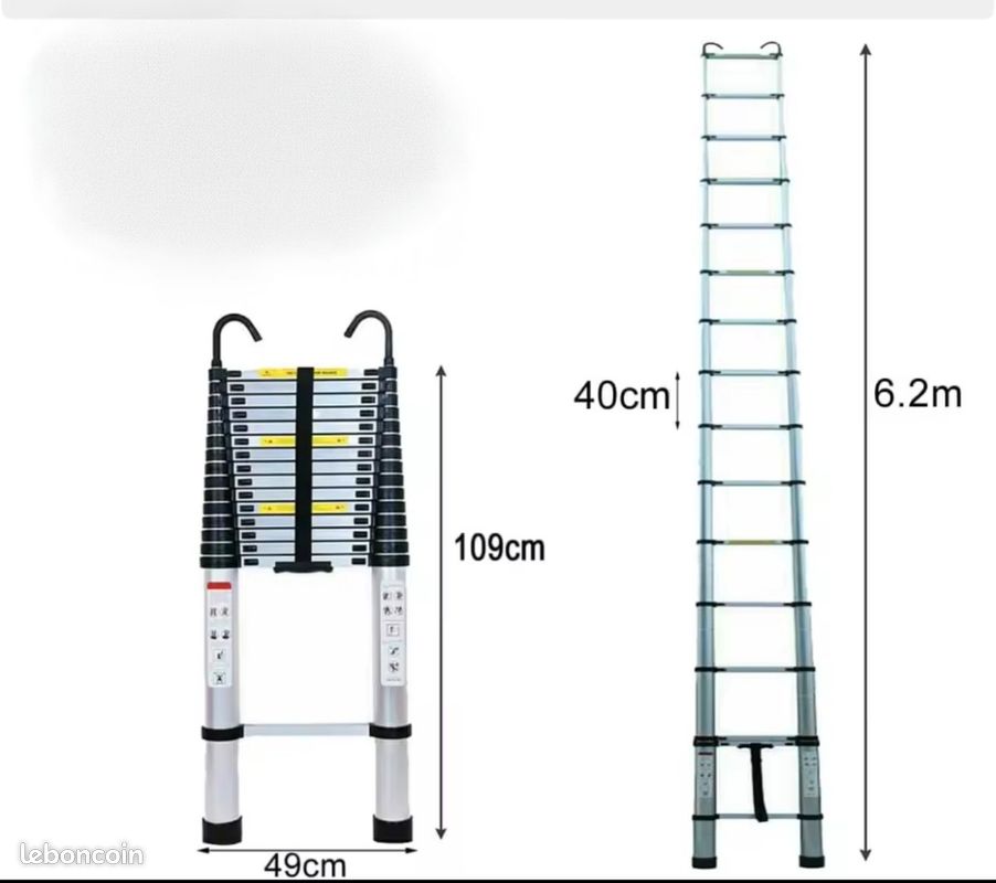 Échelle télescopique 6,2 Mètres avec crochets détachables et marches extensibles, échelle pliable avec pieds antidérapants (image 3)