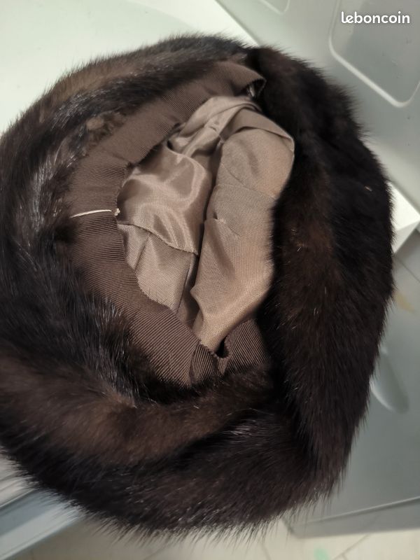 Manteau De Fourrure Vison Marron Et Cuir Noir (avec Toque) - Taille M/L - Occasion Très Bon état