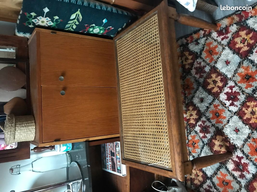 Table basse ancienne bois verre et cannage (image 5)