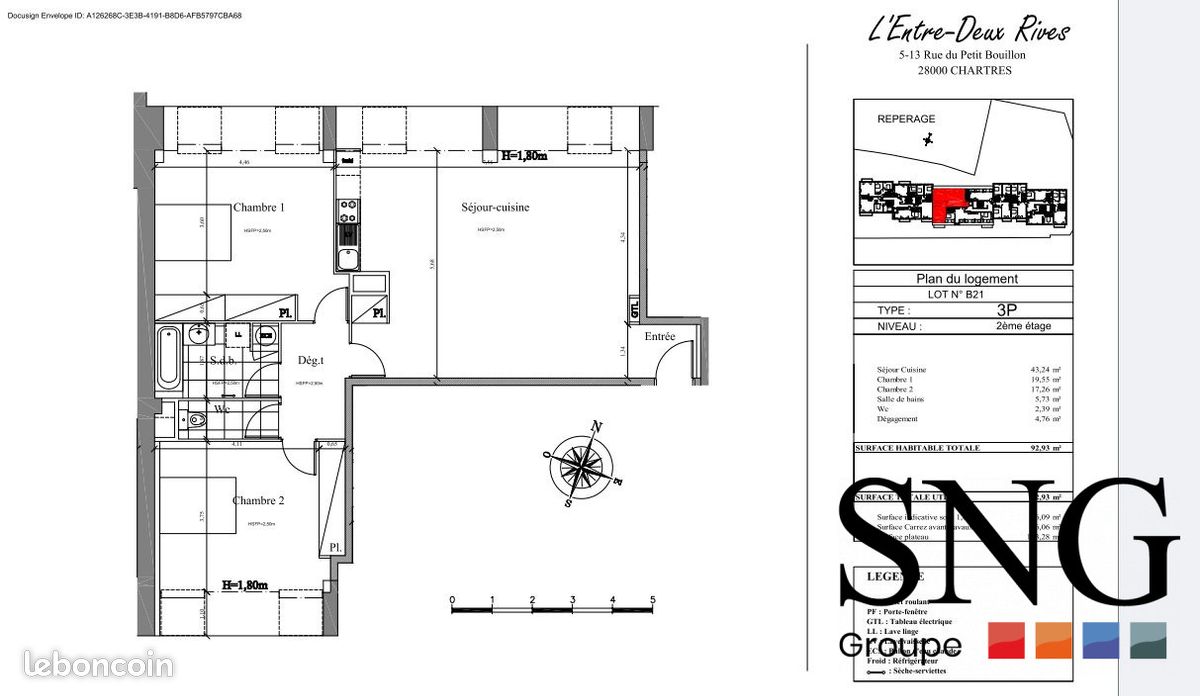 Appartement 3 pièces 93 m² · à Chartres · 93 m² · 980 €/mois