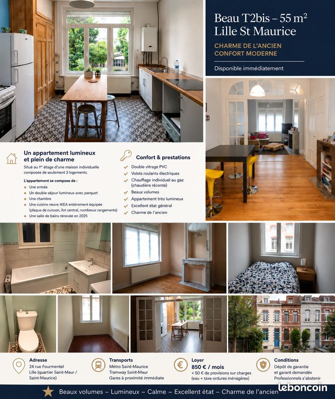 Appartement 2 pièces 55 m² · à Lille · 55 m² · 900 €/mois