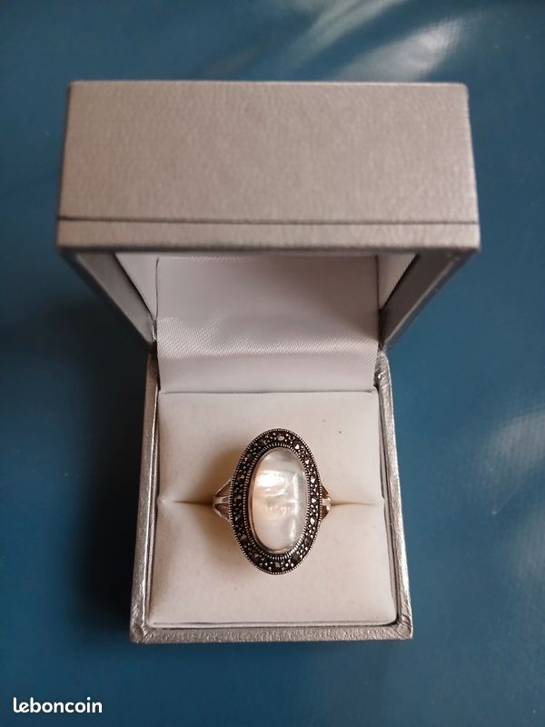 Bague Vintage Argent 925 Et Nacre - Années 80 - Taille 56 - Belle Pièce Ancienne