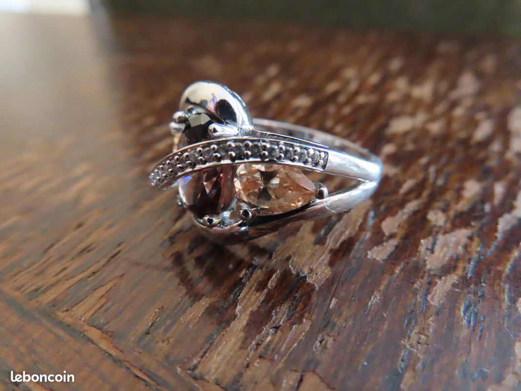 Bague Argent Massif Avec Quartz Fumé Et Zircons - Taille 60 - Occasion Portée