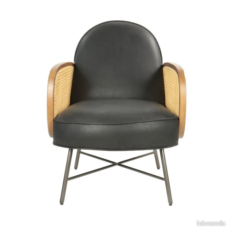 Fauteuil Club en cuir Noir et Côté en Cannage - Decoduweb (image 2)