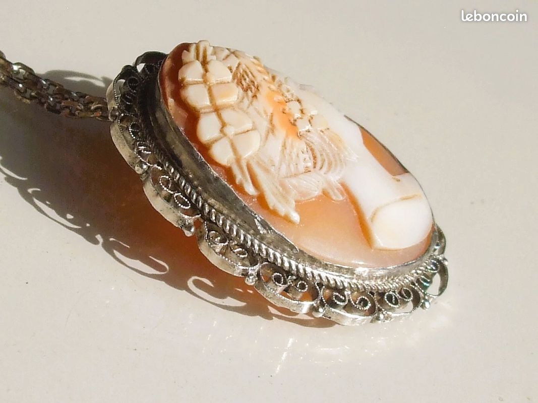 Ancien Pendentif Camée En Argent Massif 925 - Collier Belcher, Occasion