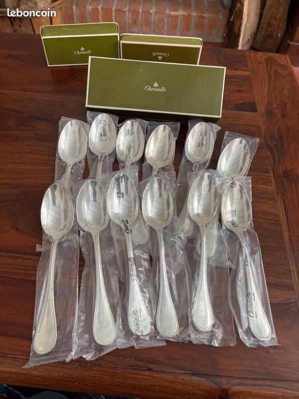 12 cuillères à soupe métal argenté orfèvre Christofle modèle Perles Vintage 1990 silver-plated soup spoons pearls 20,6cm - France