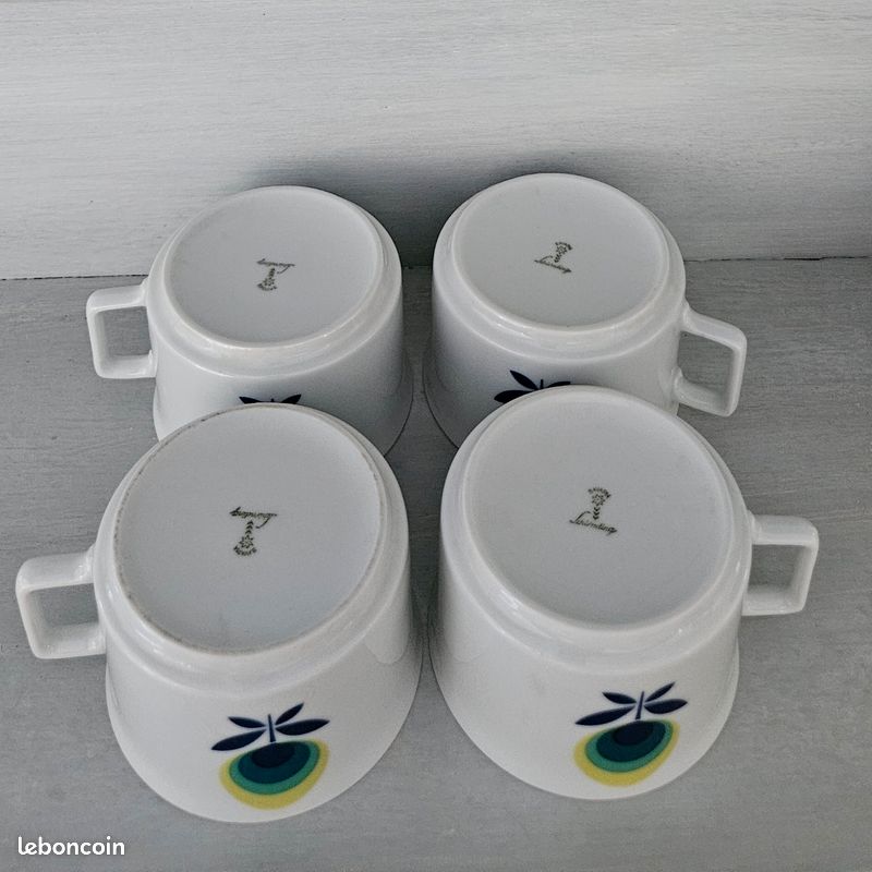 Service café thé vintage motif floral bleu vert jaune tasses sucrier crémier pot lait design Bavaria Schirnding 60’s 70’s (image 4)