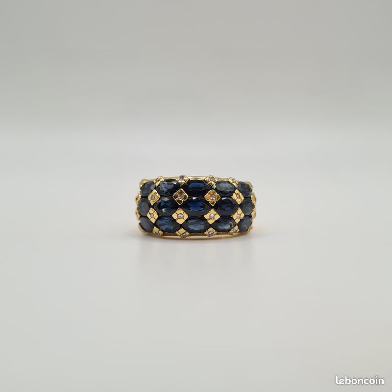 Bague Or Jaune 18 Carats Saphirs Et Diamants - Taille 52.5 - Occasion - Pierre Naturelle
