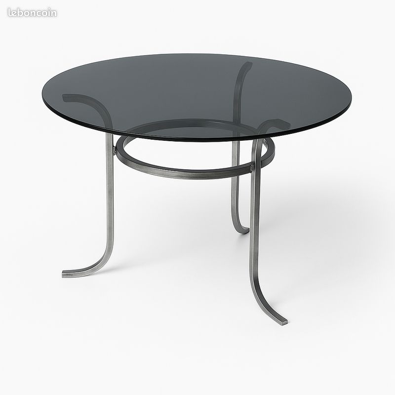 Table Vintage Ronde Pied Chromé Plateau Verre Fumé - Ameublement