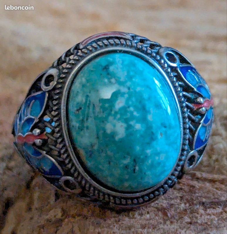 Bague Argent 925 Cabochon Turquoise - Style Années 80/90 - Taille 55 - Occasion Vintage