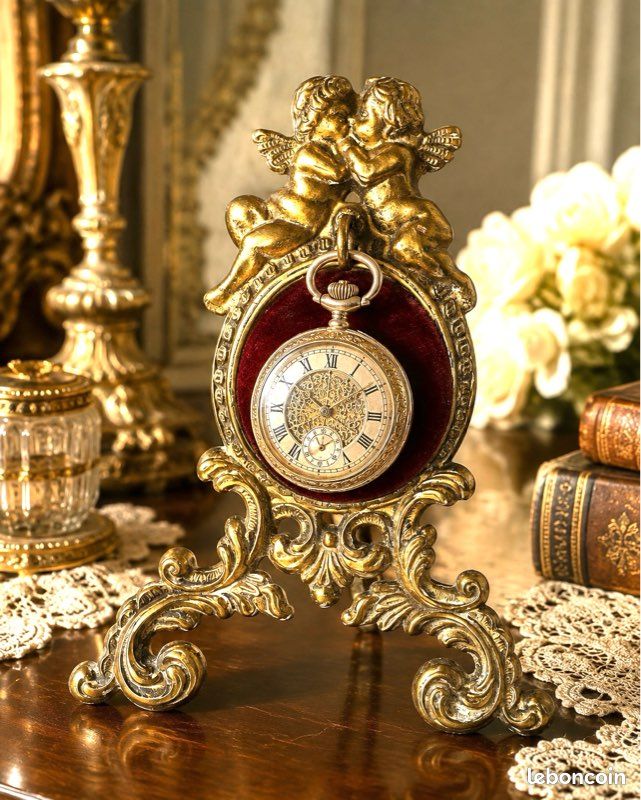 Rare Porte-Montre Gousset Ancien aux Angelots – Régule Doré – Style Louis XV Rococo – Belle Époque (vers 1890-1915 (image 7)