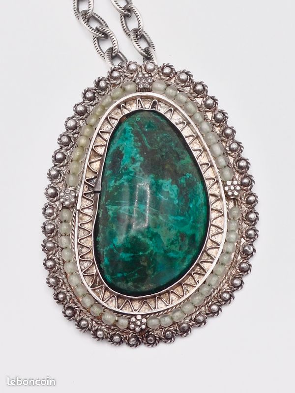 Pendentif Broche En Argent Sterling 925 Avec Pierre D'Eilat Vert-bleu - Goutte - Occasion Bon état