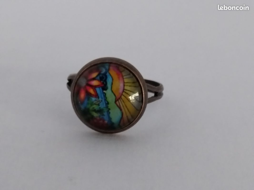 Bague vintage cabochon rond verre et cuivre réglable (image 3)