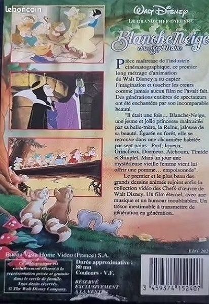 1 K7 VHS, Film ( Blanche Neige Et les Sept Nains ) De Walt Disney, Année 1994 (image 2)