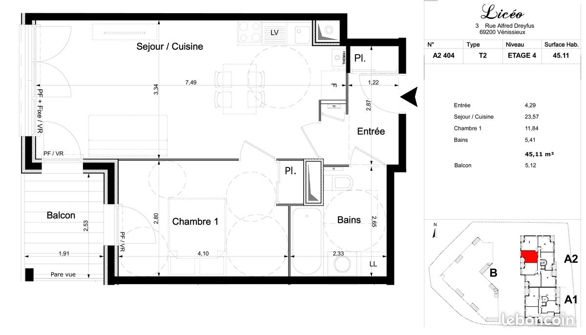 Appartement 2 pièces 45 m² · à Vénissieux · 45 m² · 670 €/mois