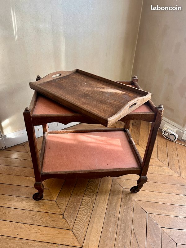 Desserte roulante ancienne avec plateau en bois (image 4)