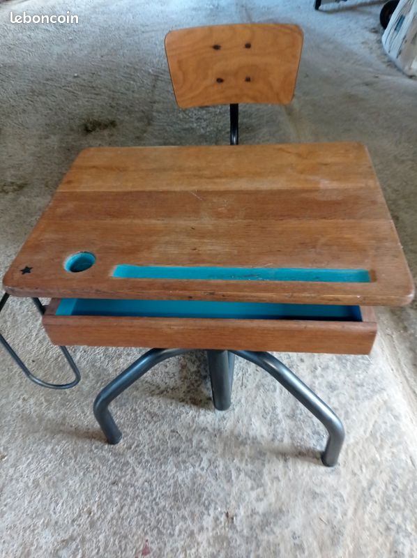 Bureau école vintage bois et métal avec chaise (image 1)