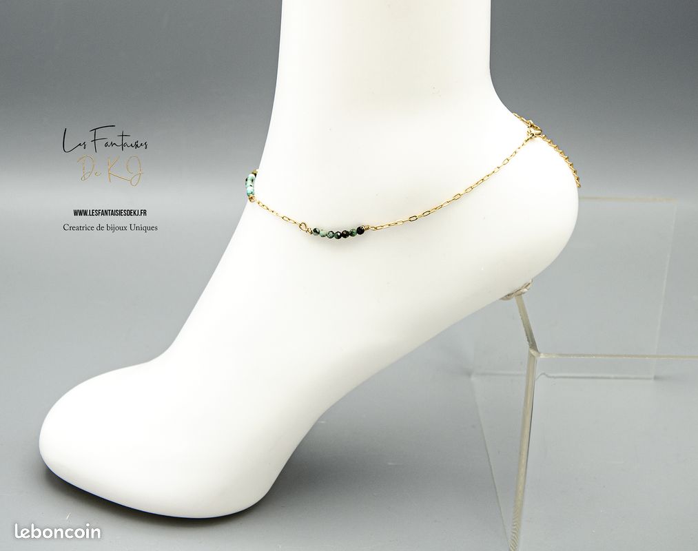 Bracelet de Cheville Femme Turquoise Naturelle Acier Inox Doré