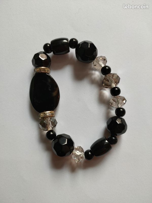 Bracelet en perles de verre noir, transparent et strass (image 2)