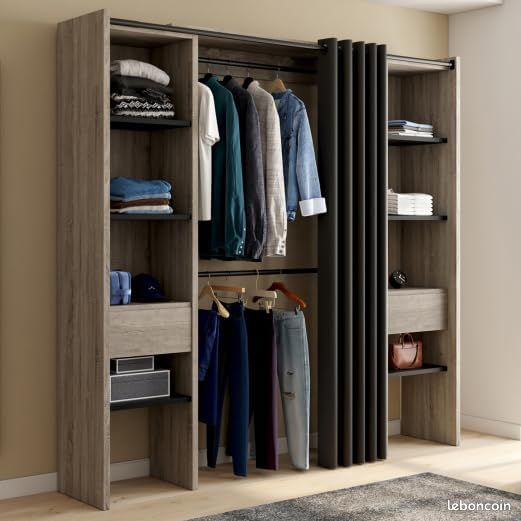 Dressing Extensible 120-180 cm – Double Penderie & 8 Étagères – Coloris Hêtre et Rideau Noir – Design Moderne (image 5)