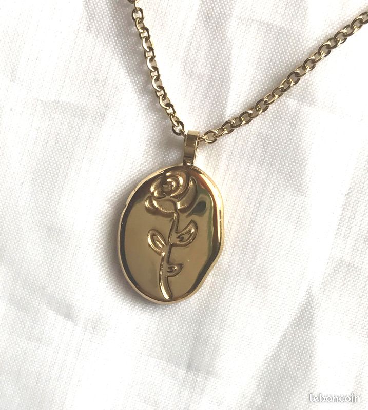 Collier Pendentif Médaillon Ovale Petite Rose Fleur Flore Bijou Doré Fantaisie Femmes (image 1)