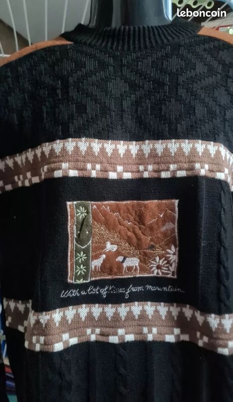 Pull Jacquard Noir Taille 2XL - Manches Raglan, Col Rond - Occasion Très Bon état