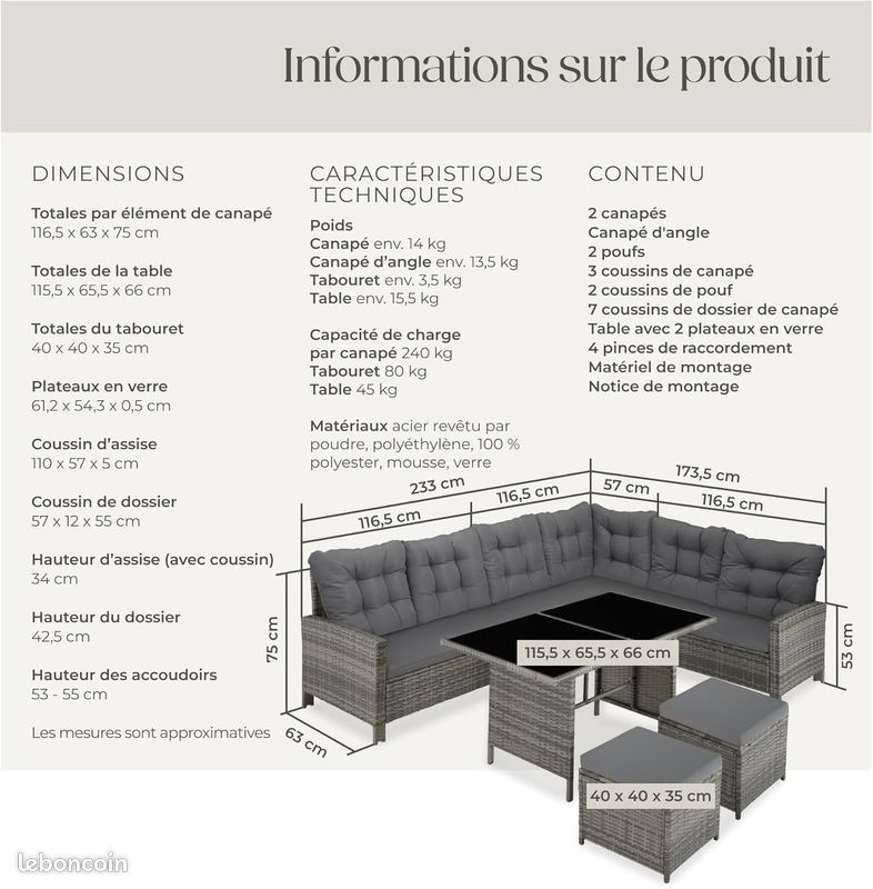 Salon de Jardin Modulable Gris - 1 Canapé de Jardin Exterieur Angle - Table Jardin - 2 Tabourets - Balcon Terrasse (image 2)