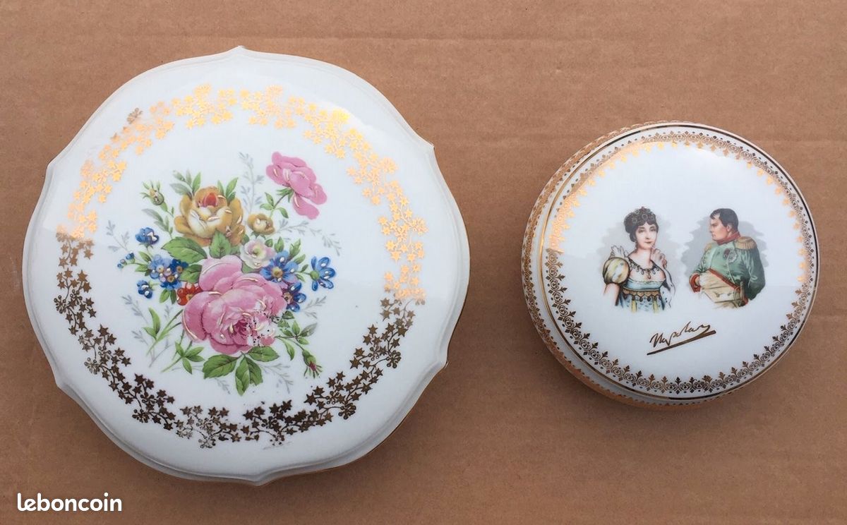 Boîte à Bijoux En Porcelaine Fine De Limoges, Ronde, Bleu, Motif Floral, Avec Couvercle