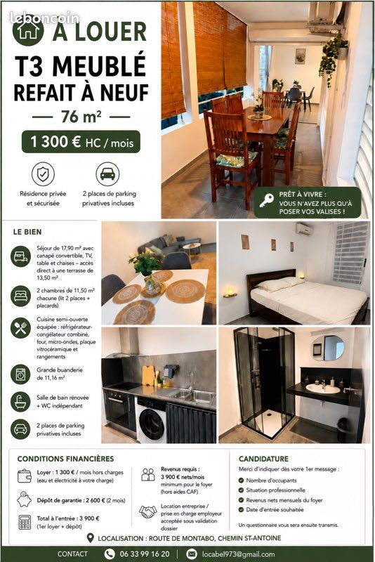 Appartement 3 pièces 76 m² · à Cayenne · 76 m² · 1 300 €/mois