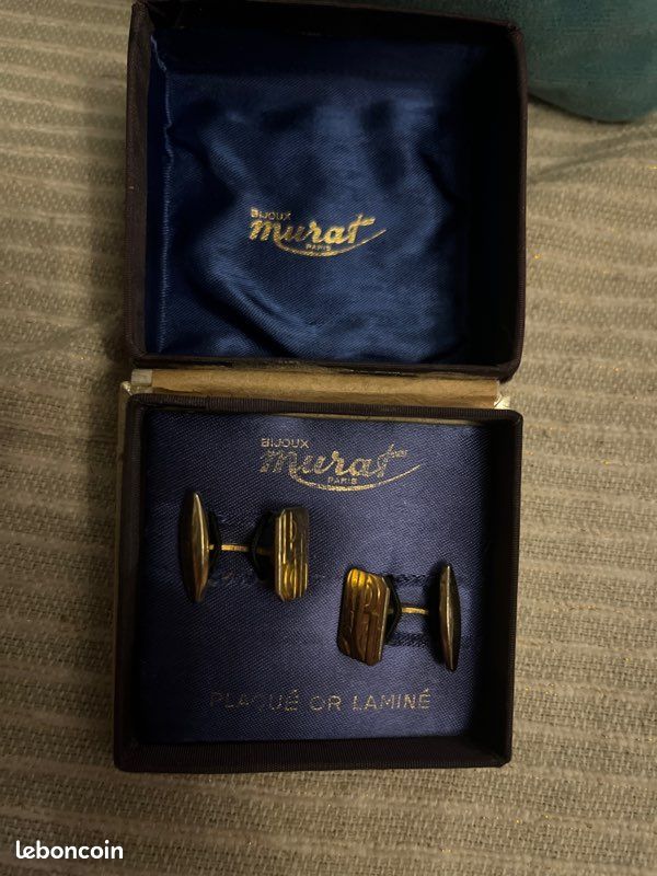 Boutons De Manchette Vintage MURAT Plaqué Or Et Onyx Noir - Patine D'usage, Bijou Ancien