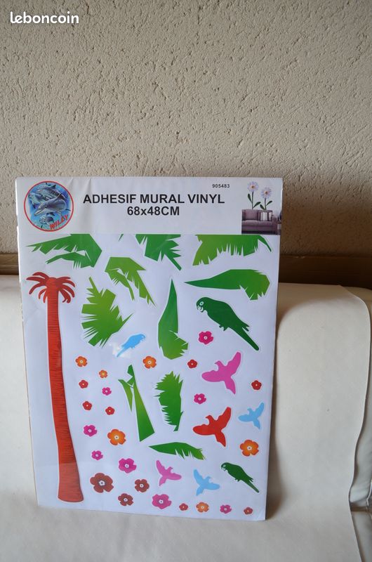 Adhésif mural vinyl, décor palmiers, perroquets pour mur, porte ou meuble (image 1)
