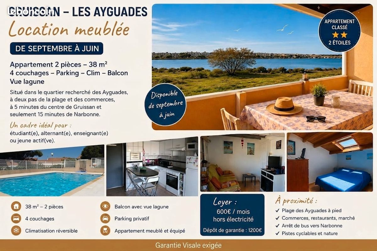Appartement 2 pièces 38 m² · à Gruissan · 38 m² · 650 €/mois