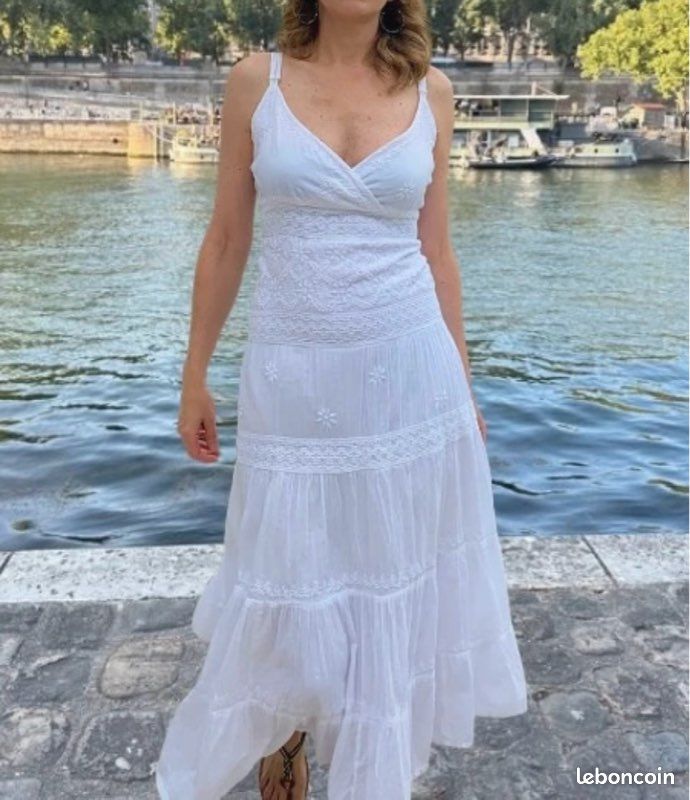 Robe Longue En Dentelle Blanche - Taille M - Sans Manches - Pour Mariage Ou Soirée